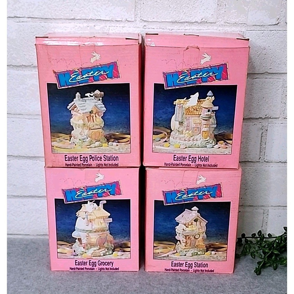 Easter Egg Village Porcelain Buildings Grocery Hotel Police Station 4 Pc Set